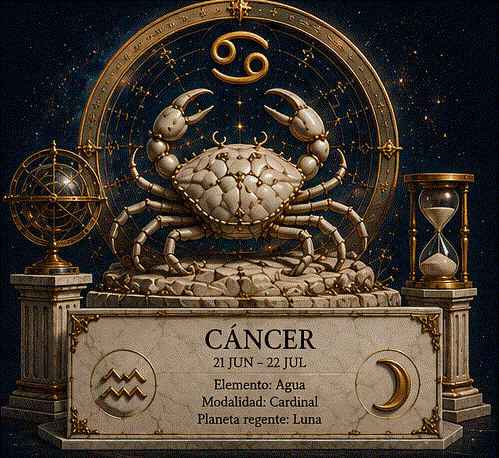 Ilustración mística de Cáncer: el cangrejo lunar con el símbolo ♋ rodeado de mareas plateadas y luz de luna