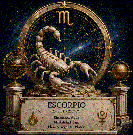 Ilustración mística de Escorpio: el escorpión con el símbolo ♏ bajo una luna roja, rodeado de sombras profundas y constelaciones ocultas
