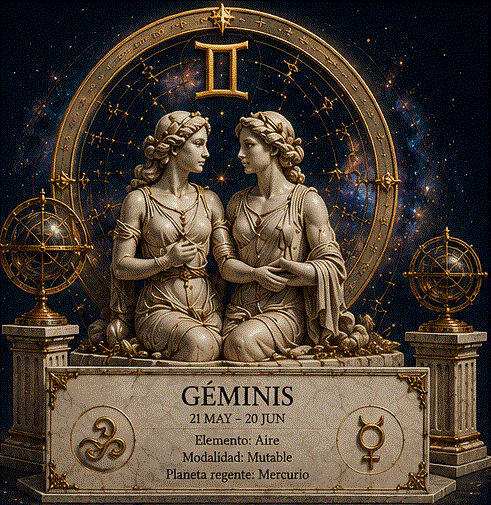 Ilustración mística de Géminis: los gemelos cósmicos con el símbolo ♊ y corrientes de aire mercurial