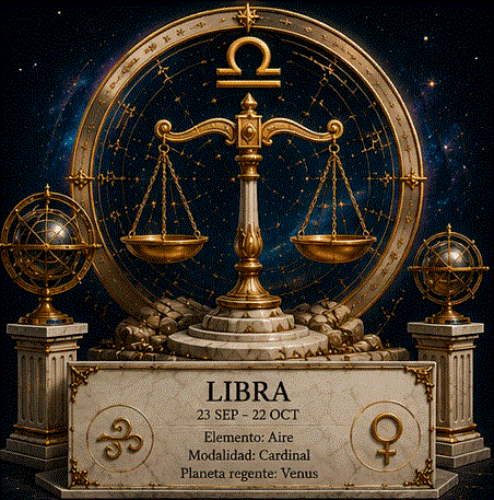 Ilustración mística de Libra: la balanza dorada con el símbolo ♎ rodeada de luz rosada y estrellas de Venus