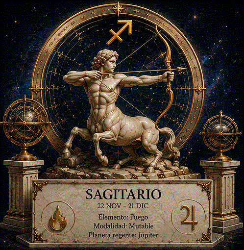 Ilustración mística de Sagitario: el centauro arquero apuntando su flecha hacia el cielo estrellado junto al símbolo ♐ rodeado de llamas doradas y paisajes de horizonte infinito