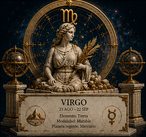 Ilustración mística de Virgo: la virgen sosteniendo una espiga de trigo junto al símbolo ♍ rodeada de campos dorados y luz terrenal